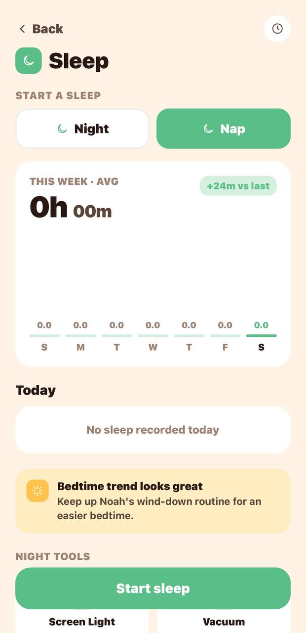 Sleep screen with weekly average and night tools